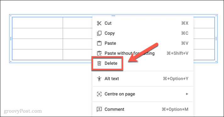 Deleting a table in Google Slides