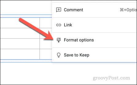 Open table format options in Google Slides