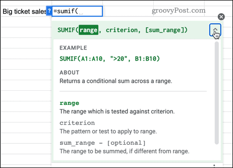 google sheets function info