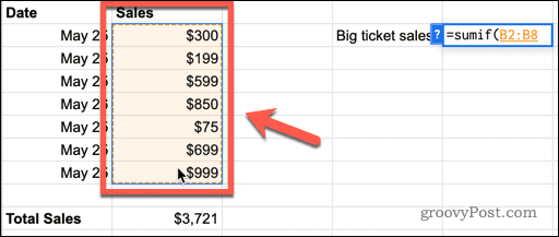 select range in google sheets