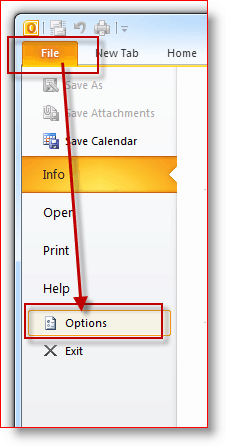 Outlook 2010 File, Options Menu