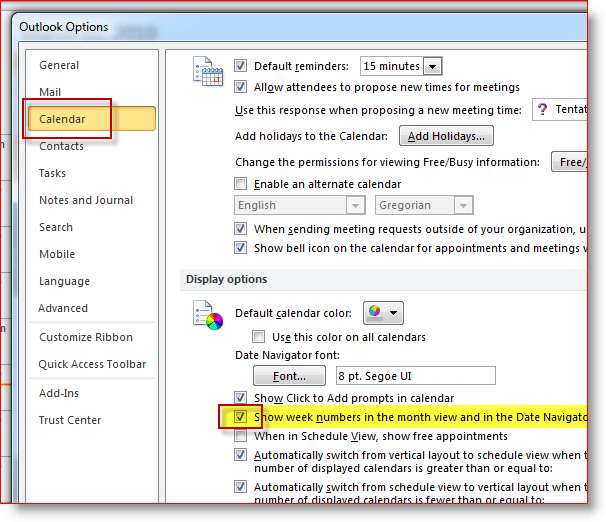 Add Week Numbers to Outlook 2010 Calendar