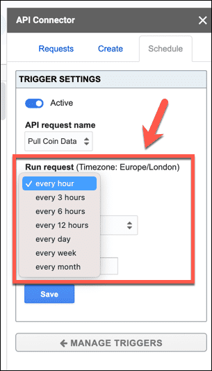 api connector run request frequency