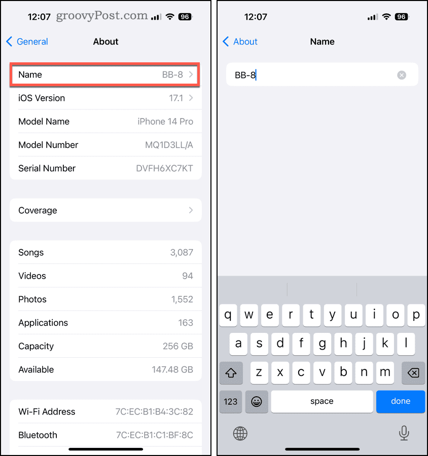 iOS Settings - General - About - Change Name