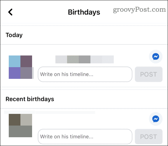 List of current and recent birthdays in Facebook app