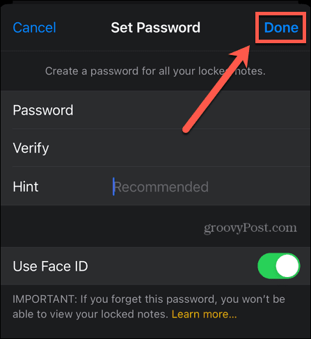 iphone set notes password