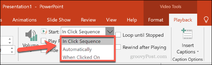 Choosing how a video should play in PowerPoint