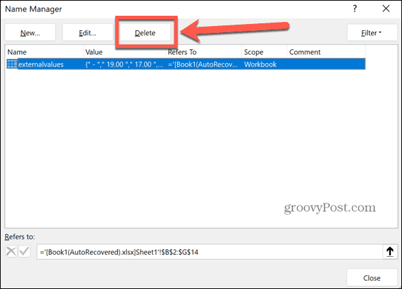 excel delete named range