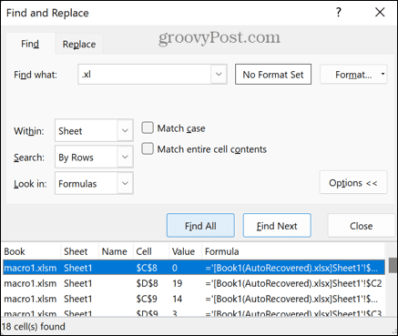 excel search results