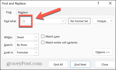 excel search square bracket