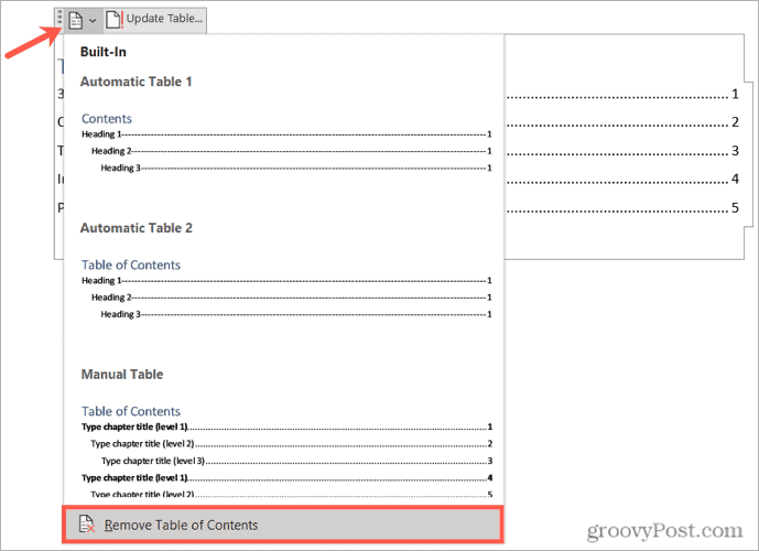 Remove a table of contents in Word