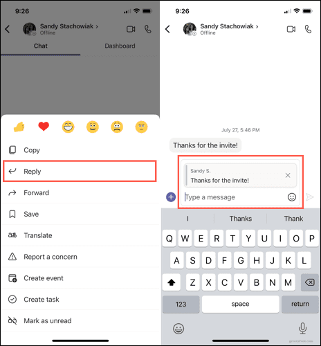 Tap Reply in a chat in Microsoft Teams