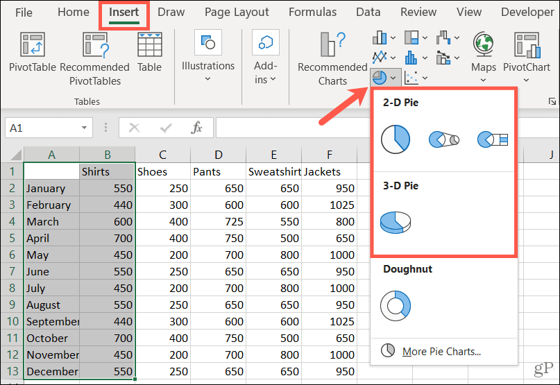 Pick a style to make a pie chart in Excel