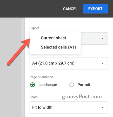 Choosing the export option for PDF export in Google Sheets