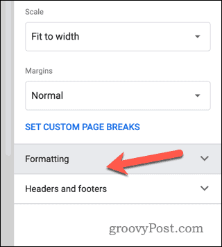 Set formatting and header and footer settings in Google Sheets print preview