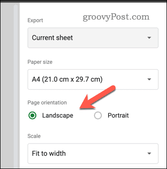 Set page orientation in Google Sheets print preview