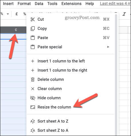 Resizing cells in Google Sheets