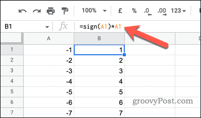 Using SIGN and multiplication to change negative numbers into positives in Google Sheets