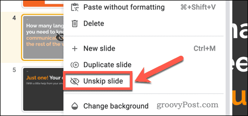 Unskipping slides in Google Slides