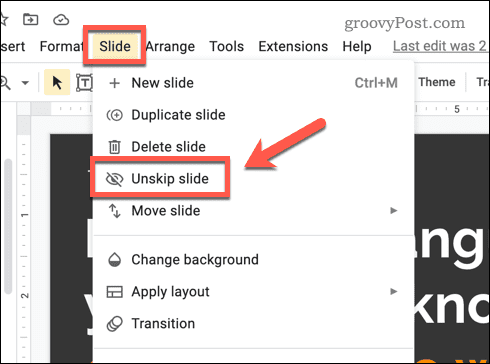 Unskipping a slide in Google Slides