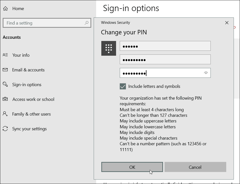 Special Character PIN Requirements Windows 10
