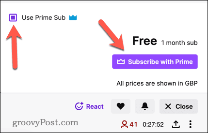 Subscribing on Twitch using an Amazon Prime subscription.