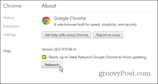 Google Chrome About Page - Update and Relaunch