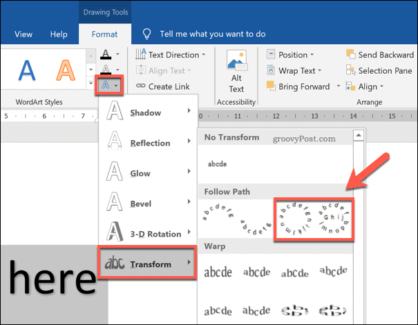 Selecting a circular curved WordArt style in Word