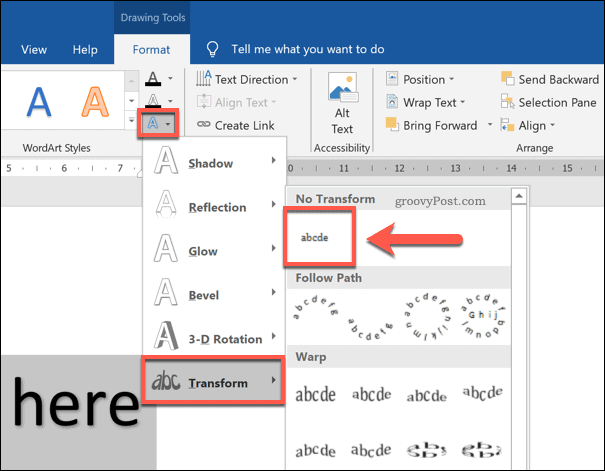 Disabling curved text effects in Word
